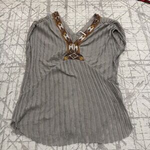 Free People Silver Sheer Sleeveless Shirt Tunic Beaded Collar Size Small